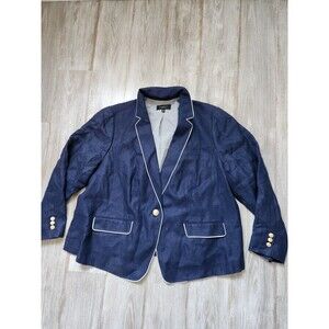 Talbots Petites 100% Linen Navy Blue Blazer White Piping Lined Plus Sz 20W EUC